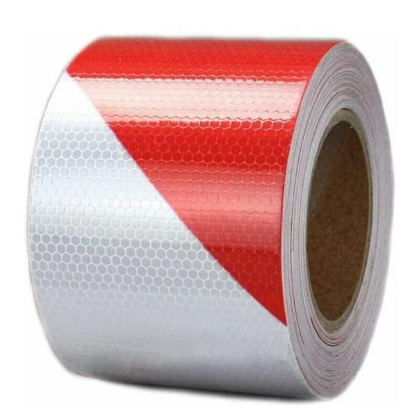 Rød og hvid twill reflekterende advarselstape 10 cm bred og 25 m lang.