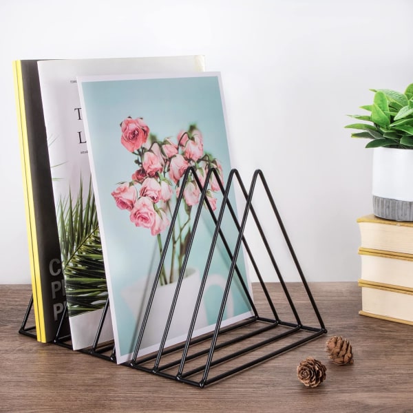 Bookends, Metal Newspaper Rack, Triangular Desk Magazine Rack 9 Slots Booke