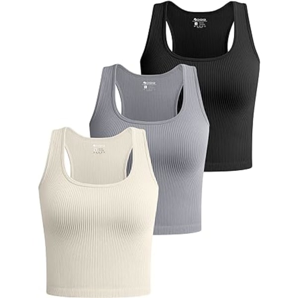 Kvinder 3-delt Crop tanktops Ribbede sømløse træningsskjorter uden ærmer Ra