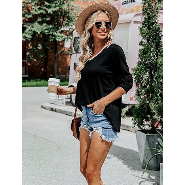 Womens Casual Long Sleeve T Shirts Striped V Neck Solid Basic Pullover Tuni