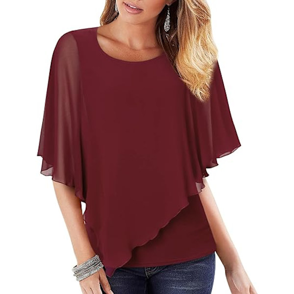 Kvinners lett flytende skjorte dobbeltlags trykt chiffon poncho bluse