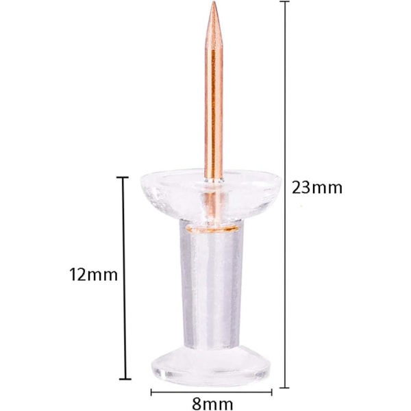 200 stk gjennomsiktige trykknapper med rosegullfarget hode for korktavler