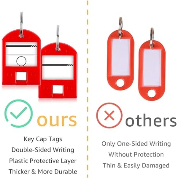 80-pack plastnyckelbrickor, dubbelsidig skrivning med metallring och etikettfönster, röd