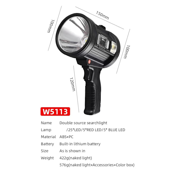Uppladdningsbar Spotlight, Handhållen Ficklampa Stor Super Stark Utomhus Solcellsdriven Strålkastare, (Svart)