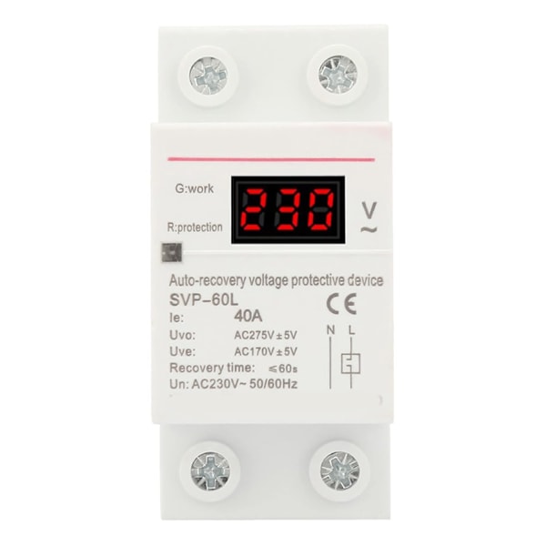 Spændingsregulator, 230V 40A Automatisk Genopretning Overspændings- og Underspændingsbeskyttelsesenhed DIN-Skinnemonteret Beskytter