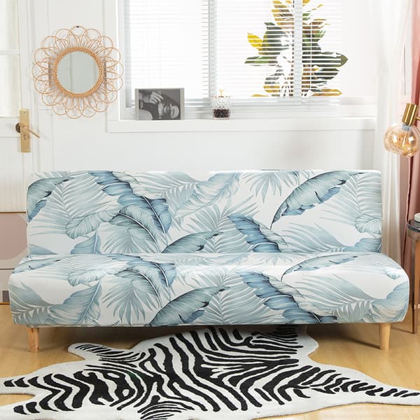 Armløst sofabetræk, sofabetræk kompatibelt med foldbar sovesofa, skridsikkert, elastisk og vaskbart (Blå blade, 190-210 cm)