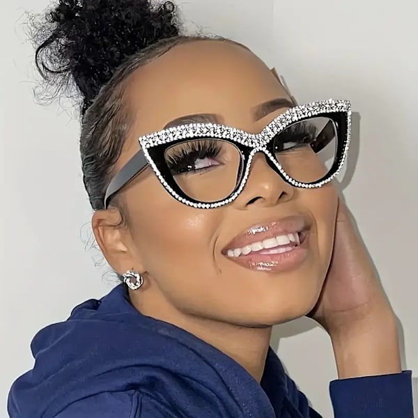 Diamant Blåt Lys Blokerende Briller Cat Eye Rhinestone Kvinder Oversized Anti Eyestrain Computer Briller Ramme