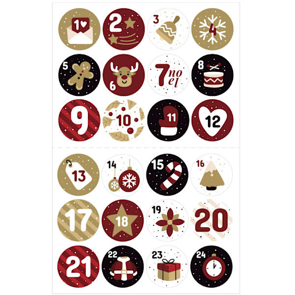 7 x 24 forskellige adventskalender-numre til at sætte på - 24 klistermærker med numre til jul til at lave og dekorere selv, runde julekalendere