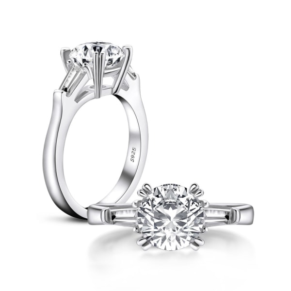 Sterling Silver 2 karaatin CZ Baguette Round Solitaire -kihlasormus