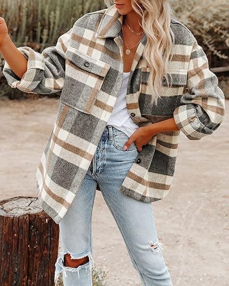 Womens Casual Plaid Shacket Lapel Button Down Long Sleeve Wool Blend Pocket