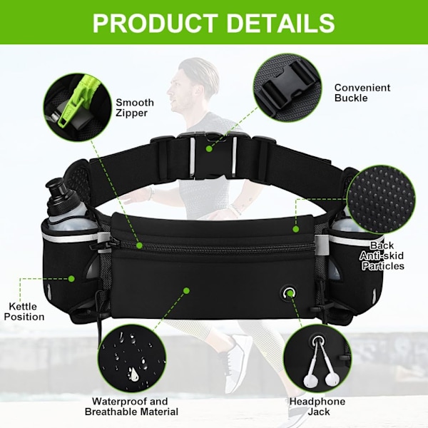 Løpebelte, Sportbelte Fanny Pack med 2 Vannflasker, Justerbart Hydreringsbelte for Menn Kvinner Smartphone Klatring Vandring Reise