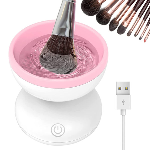 Sähköinen meikkisivellinpuhdistin, uusin malli, pesukone meikkisivellinpuhdistuskone, sopii kaikkiin kokoisiin siveltimiin, automaattinen linkouskone, meikkisivellin Beauty Blender -puhdistin (valkoinen + vaaleanpunainen)