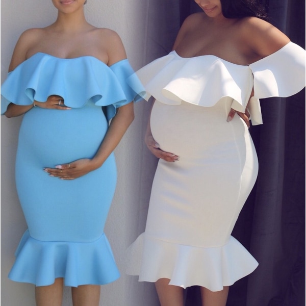 Gravidklänning Off Shoulder Ruffle Midiphotography Klänningar för Baby Shower