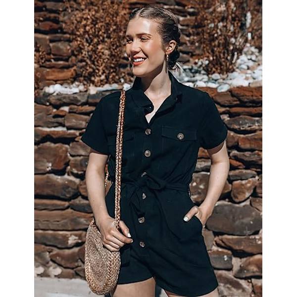 Kvinners sommer shorts ermet knapp lomme belte jumpsuit,XL