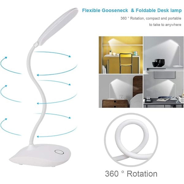 Skrivebordslampe med fleksibel svanehals, 3 nivåer lysstyrke, batteridrevet bordlampe 5W berøringskontroll, kompakt bærbar lampe for sovesalstudie kontor soverom, øyevennlig og energisparende hvit