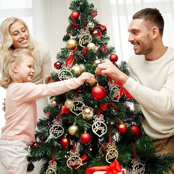 Sæt med 6 Træ Hjerteformede Julehængende Pynt med Fred Kærlighed Glæde Tro Jul Håb