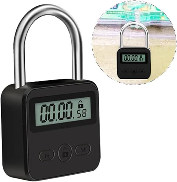 Metal Timer Lås, USB Genopladelig Timer Hængeslås med LCD Display, Multifunktionel Elektronisk Mikro Lås, Robust Metal Hængeslås (Sort)