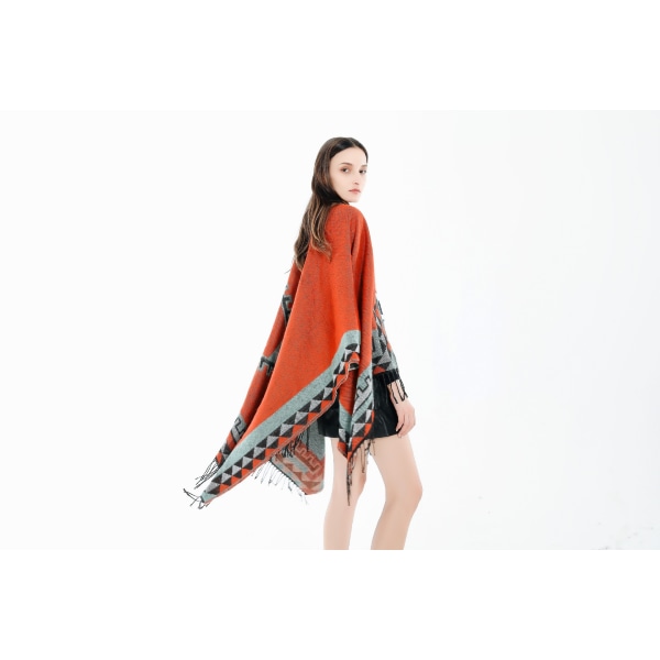 Dame Vinter Trykt Åpen Front Poncho Cape Rutete Sjal