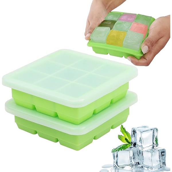 Set med 2 frysformar i silikon för baby med transparent lock - Baby iskubbricka 9 x 30 ml - Stapelbar silikonform för isbitar kompatibel med fruktpuré