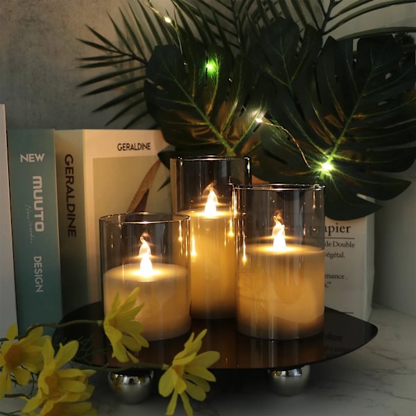 Grå glas batteridrivna flamlösa LED-ljus med 10-tangent fjärrkontroll och timer