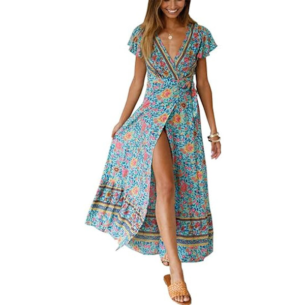 Kvinnors Boho Sommar Sid Slit Djup V-hals Korta Ärmar Lång Kjol Bälte, L