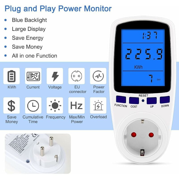 Effektmätning, uttag elmätare wattmeter med bakre skärm LCD-skärm
