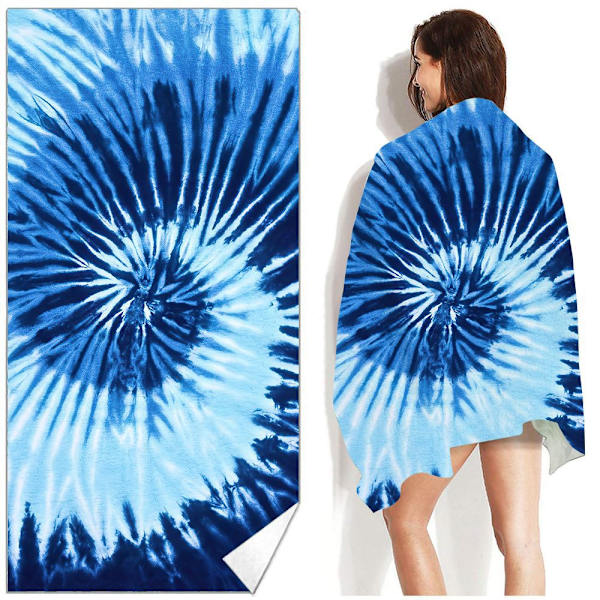 Stor bomullsstrandhandduk, 90 x 180 cm, dubbelsidig, absorberande strandfilt, badhandduk mörkblå, marinblå, fisk vit