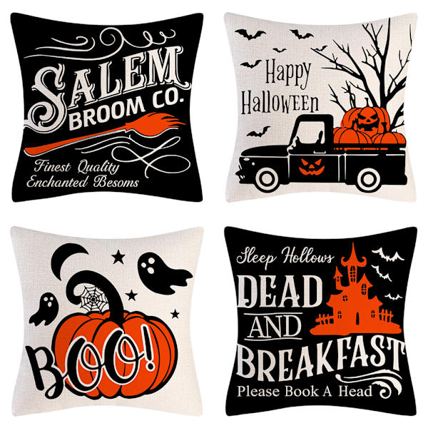 Halloween pudebetræk 18x18 sæt med 4, Halloween indretning græskar pudebetræk orange og sort Happy Halloween linned pudebetræk til hjemmet dekoration sofa soveværelse bil dekoration