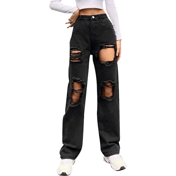 Kvinnors Lösa Ripped Boyfriend Jeans Hög Midja Lösa Denim Byxor Distre