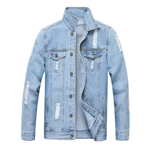Jeansjakke til mænd, klassisk slidt slim denimjakke med huller, XXL