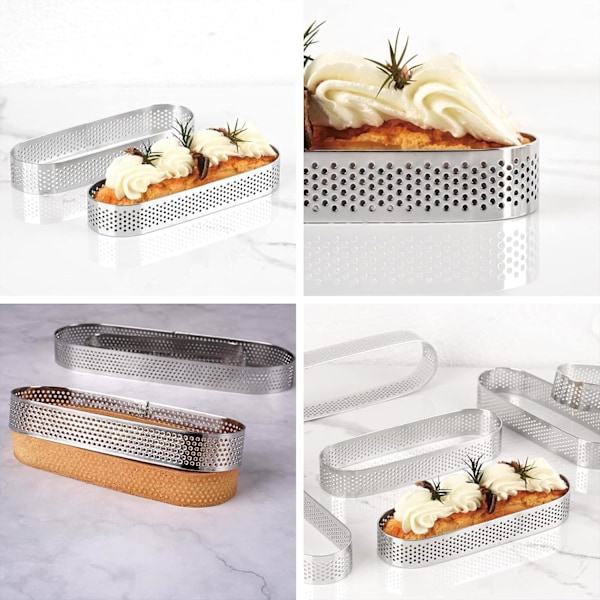 Tærteform i Ring, Sæt af 6 Rustfrit Stål Tærteforme i Oval Form, Varmebestandig, Perforeret til Mousse Kager (13 * 4.5 * 2cm)