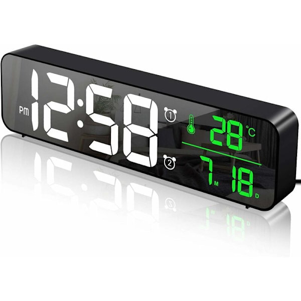 Digital väckarklocka, väggklocka morgon väckarklocka LED digital spegel stor skärm med datum temperatur, 2 larm, 40 musik, 6 dimbara ljusstyrkor, USB-klocka för hemmakontor, svart