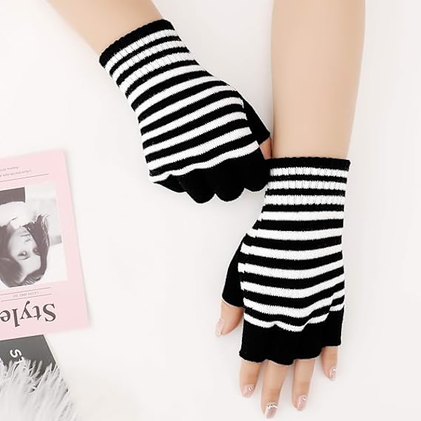 Unisex stretchiga fingerlösa handvärmare handskar svart och vit randig