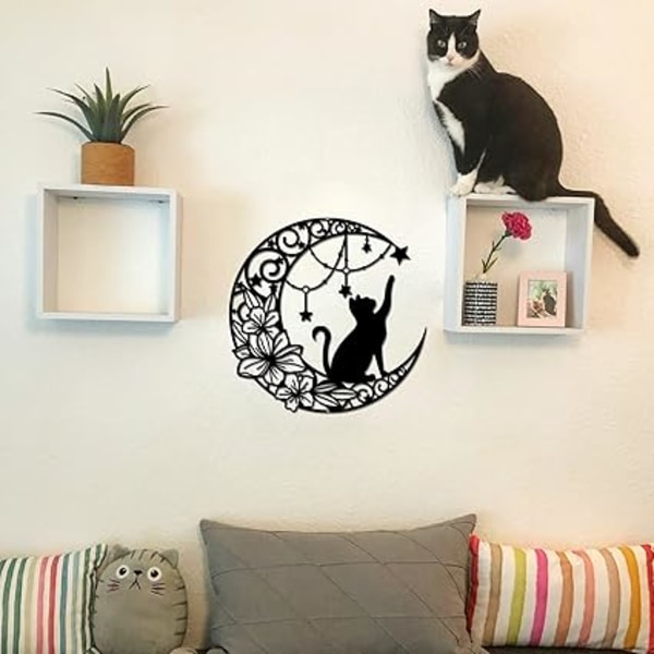 Kuu ja kissa metalli seinäkoriste, musta seinäkoriste siluetti seinätaide kotiin makuuhuoneeseen olohuoneeseen kylpyhuoneeseen keittiöön toimistoon puutarhaan hotelliin seinä De