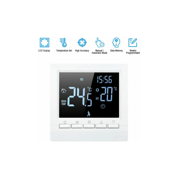 Elektrisk varme termostat, manuel knap 16A, negativt display, hvid cha