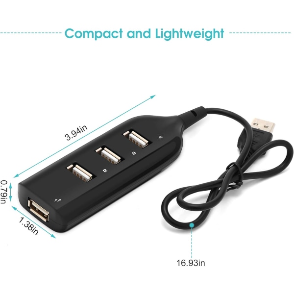 4 Port USB 2.0, USB Multiport Adapter Micro 4 Port Distributor Kabelansluten Svart