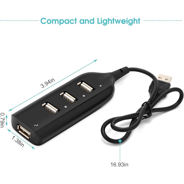 4-porttinen USB 2.0 - USB-moniliitäntäsovitin, mikro 4-porttinen jakaja, langallinen, musta