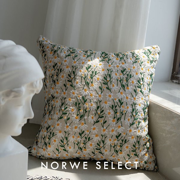 Dekorative putetrekk, sett med 2 broderte blomsterdesign i lin