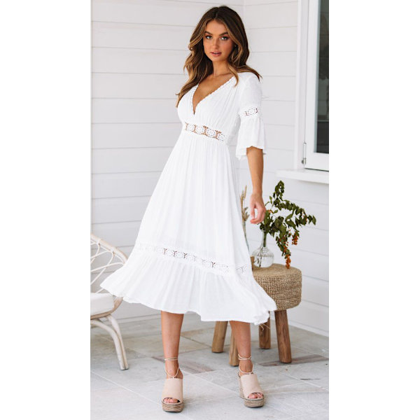 Dames Boheme Kjole Dyb V-hals Sommer Flydende Lange Maxi Kjoler Sexet Hvid