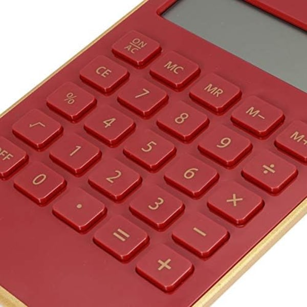 Kalkulator, slank og elegant design, kontor/hjemmeelektronikk, dobbel drevet skrivebords kalkulator, solenergi, 10 siffer, vippet LCD-skjerm, rød
