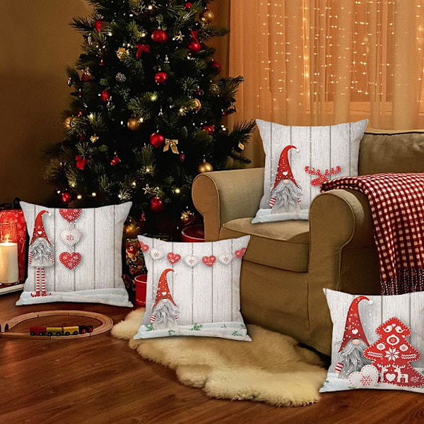 Julepuderbetræk 45x45cm Sæt af 4 Julepynt Pudebetræk Julepynt til Indretning, Sofa, Soveværelse, Vinterferiegave