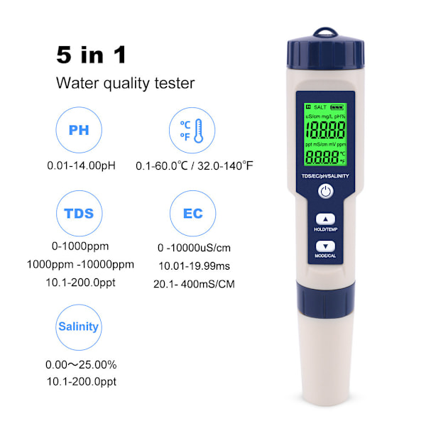 5-i-1 elektronisk PH-mätare, mät Ph & TDS & EC salthalt & temperatur Wa