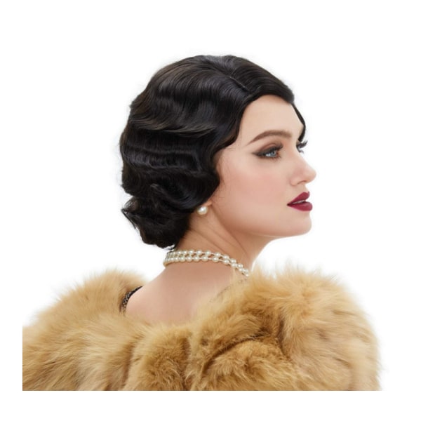 20'er Finger Wave Paryk Flapper Krøllet Kunsthår til Kvinder 1920'er Cosplay Kostume Halloween Fest Daglig Hverdagsbrug (Sort)24-28CM