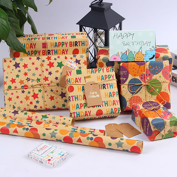 Födelsedagspresentpapper, Eco Kraft Presentpapper för Män Kvinnor Flicka Pojke, Naturligt Födelsedagspapper med Blandat Brunt och Färgat Mönster, Födelsedagspresentinslagning