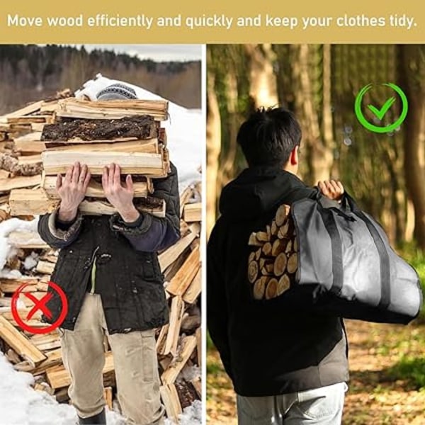 Pakke med vedbærerposer - Voksduk Tote Bag, Ekstra Stor Vannresistent Bærbar Vedkubbærer for Vedovn, Innendørs Utendørs, Camping