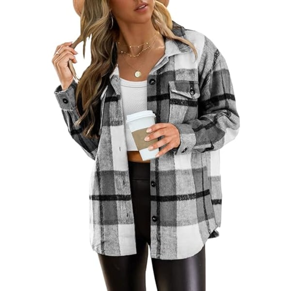 Womens Casual Plaid Shacket Button Down Langærmet Skjorte（Størrelse：L）