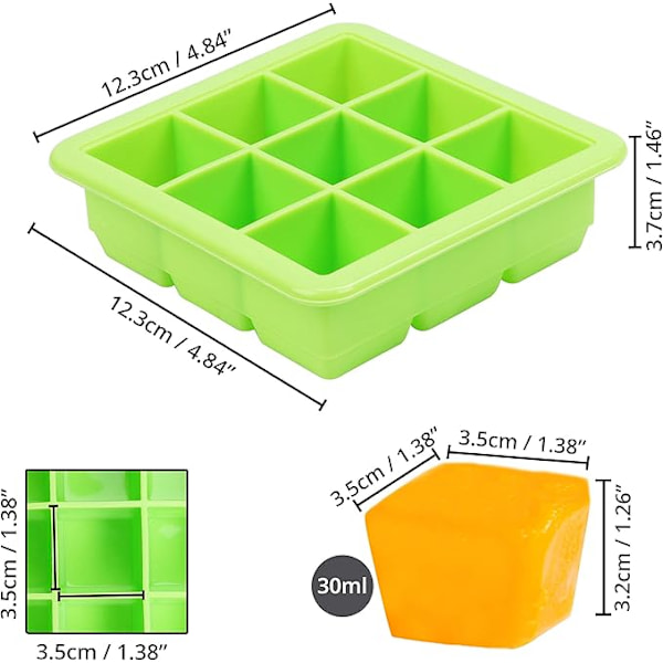 Set med 2 frysformar i silikon för baby med transparent lock - Baby iskubbricka 9 x 30 ml - Stapelbar silikonform för isbitar kompatibel med fruktpuré
