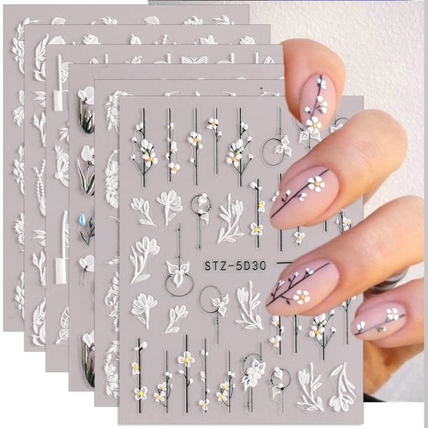 6 Sheets Flower Nail Art Stickers Decals Self-Adhesive Pegatinas Uñas Black