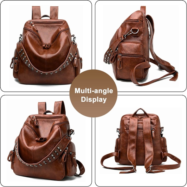 Kvinnors Ryggsäck Handväska PU Läder Anti-stöld Handväskor Casual Axelväska Dam Mode Nitar Design Satchel Väskor（brun）