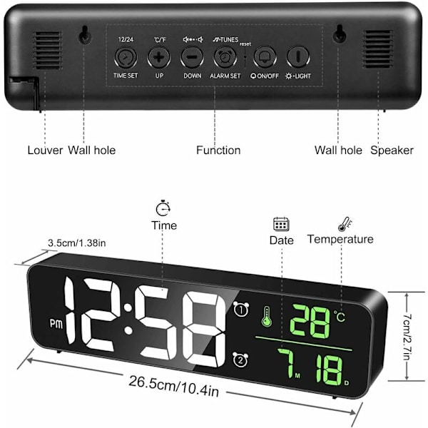 Digital väckarklocka, väggklocka morgon väckarklocka LED digital spegel stor skärm med datum temperatur, 2 larm, 40 musik, 6 dimbara ljusstyrkor, USB-klocka för hemmakontor, svart